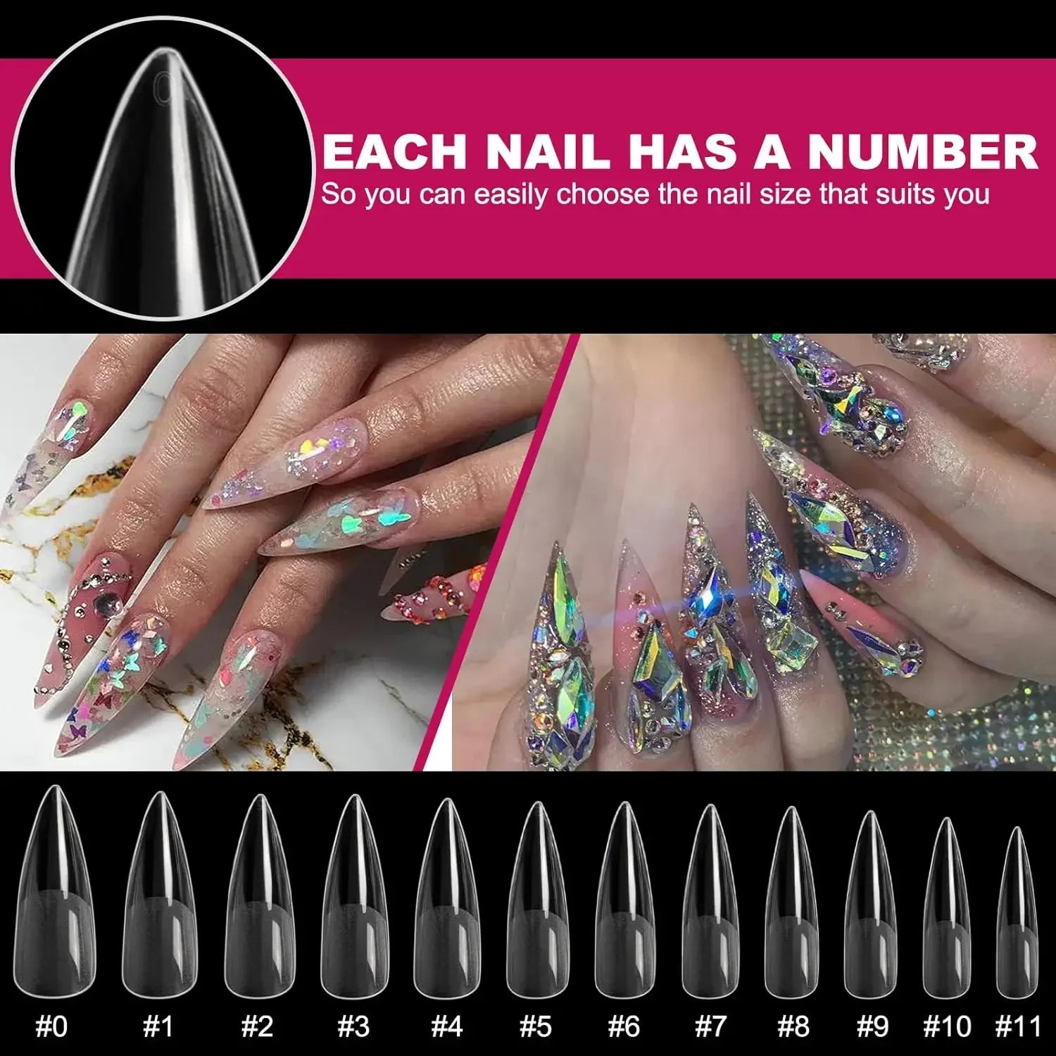 Stiletto Nail Tips 120 PCS Clear False Nails Artificial Full Cover 12 Size Acrylic Press on Nails for Nail Extension Nail Salon