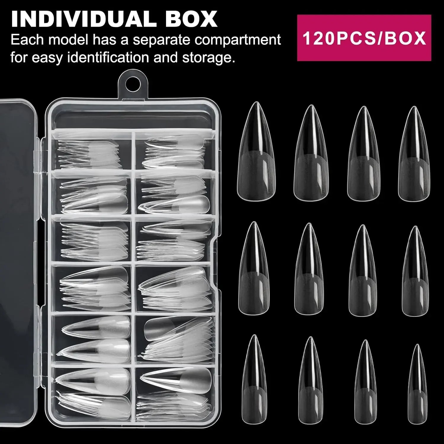 Stiletto Nail Tips 120 PCS Clear False Nails Artificial Full Cover 12 Size Acrylic Press on Nails for Nail Extension Nail Salon