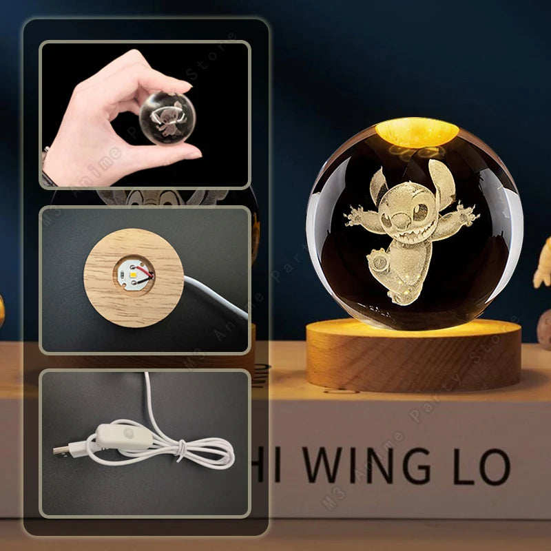 Lilo and Stitch Disney Unique 3D Crystal Ball Lamp LED Luminous Crystal Ball Night Light 5Cm Children'S Birthday Gifts Glass Toy