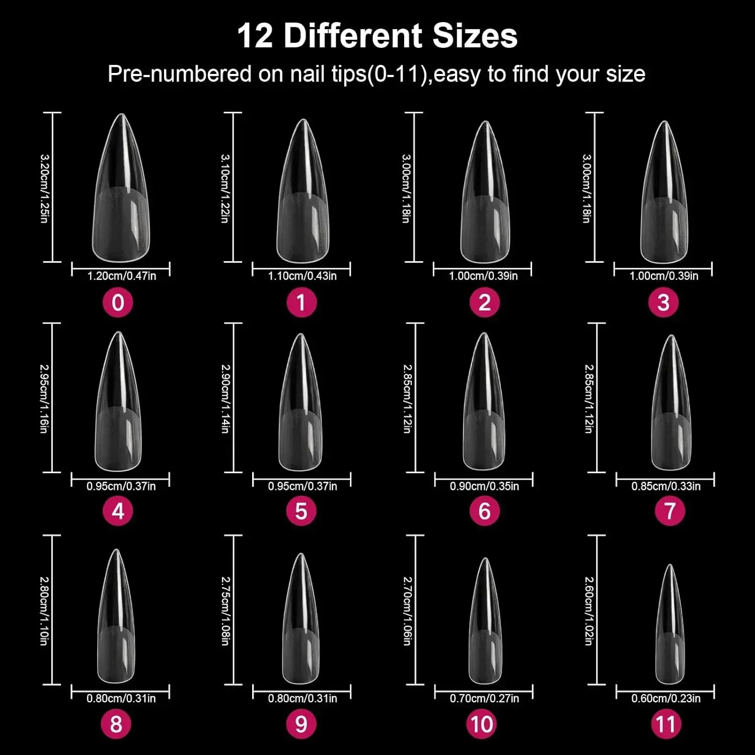 Stiletto Nail Tips 120 PCS Clear False Nails Artificial Full Cover 12 Size Acrylic Press on Nails for Nail Extension Nail Salon